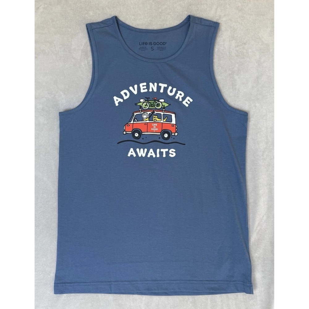 NWT Life Is‎ Good Men's Tank Blue Size Small Adventure Awaits Van